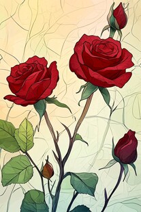 手绘红玫瑰插画艺术美感