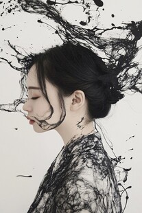水墨纷飞中的东方优雅女子