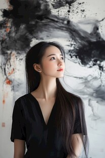 水墨背景下的优雅长发女子