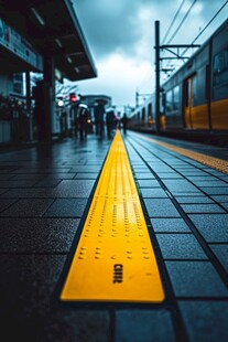 车站黄色盲道与列车景象