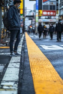 街头男子伫立在黄色盲道旁