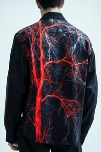 个性红树图案男士黑色衬衫