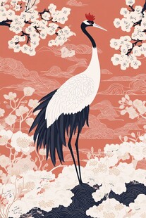 丹顶鹤立于繁花山水间