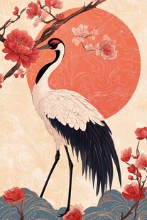 丹顶鹤立繁花红日之下