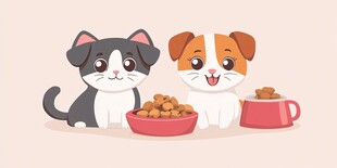 可爱猫狗享用美味宠物食品