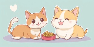 可爱猫狗同享美味猫粮