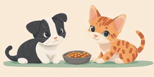 猫狗同框共食可爱瞬间