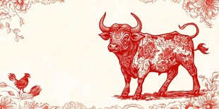 牛年剪纸风牛与鸟图案