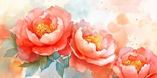 水彩绘三朵娇艳盛开的牡丹