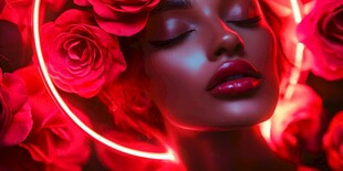 梦幻红玫瑰环绕的女性肖像