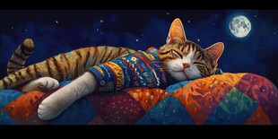 月夜下穿着毛衣安睡的猫咪