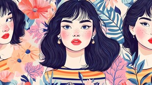 三位时尚女孩的花卉插画