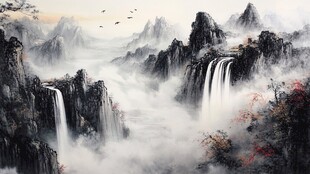 水墨山水间的壮丽瀑布景观