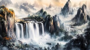 壮丽山水间的飞瀑景观
