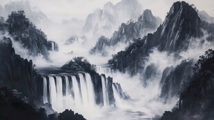 水墨山水间的瀑布奇观