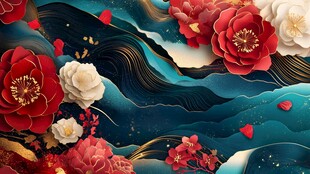 国潮风牡丹海浪精美插画