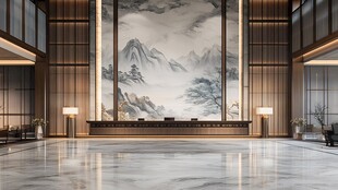 中式大堂水墨山水壁画景观