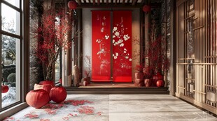 中式庭院喜庆红梅装饰景