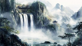 水墨山水间的瀑布诗意景
