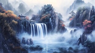 水墨山水间的壮丽瀑布景观