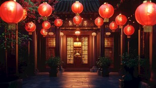 中式庭院红灯笼点亮夜色