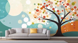 多彩树墙绘的温馨客厅