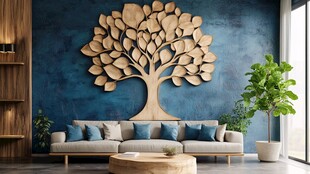 蓝墙木树装饰的温馨客厅