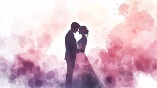 浪漫水彩风新婚夫妇剪影