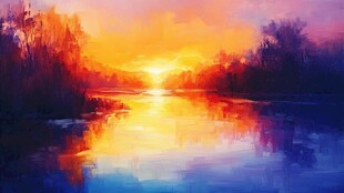 夕阳映湖景 绚烂如油画