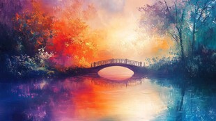 梦幻河畔桥景 绚丽色彩世界