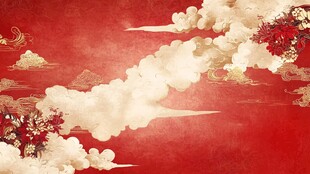 中式红底云纹花卉背景图