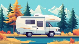 秋日山林中的白色露营房车