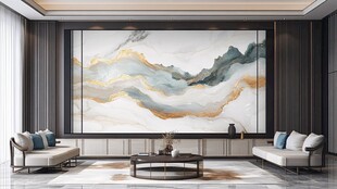 新中式客厅的山水艺术背景墙