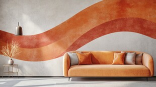 橙色沙发搭配波浪墙饰空间