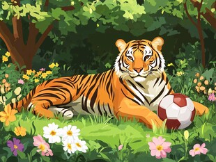 林中卧虎伴足球与繁花