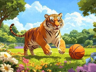 老虎在花丛中玩篮球