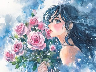 蓝发少女轻嗅粉色玫瑰