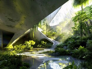 未来感建筑中的绿植景观