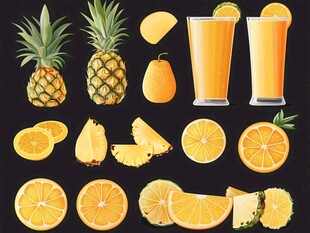 多样柑橘与菠萝果汁插画
