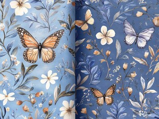 蓝色花卉蝴蝶图案壁纸