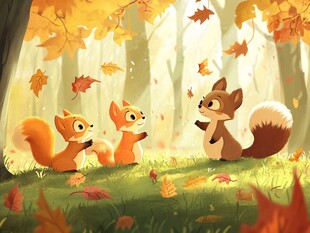 秋日森林里的松鼠与狐狸