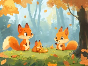 秋日森林中的狐狸一家