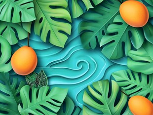 热带绿叶与橙果梦幻场景
