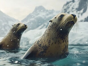 冰海双海豹悠然水中望