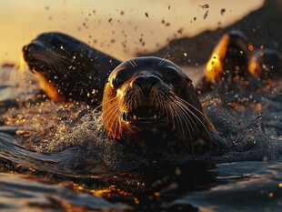 海豹嬉戏于夕阳下的海面