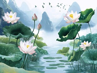 夏日荷塘山水诗意画卷