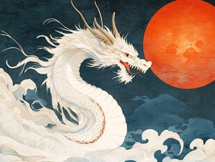 白龙戏浪伴红日