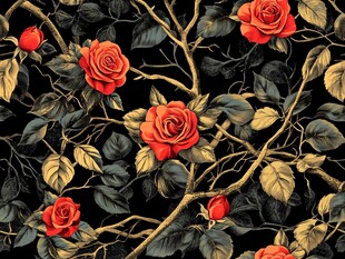 复古红玫瑰枝叶无缝图案