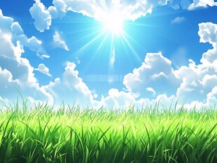 晴朗蓝天绿草地风景图