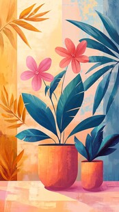 两盆花卉的多彩插画